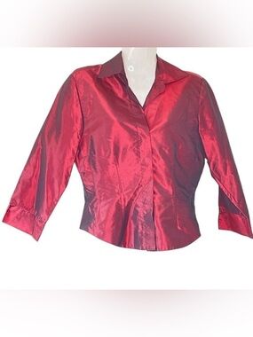 Sylvia Heisel Vintage Shot Silk Blouse Burgundy and Black Fitted Button Down   4